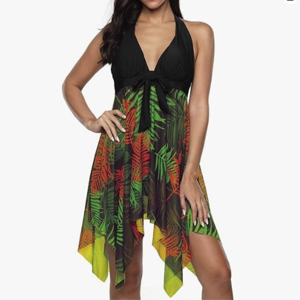 Plus Size Swimsuit Mesh Printed Tankini Black, Large (US 12/14)